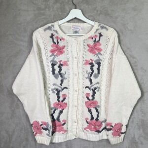 Vintage Gina Peters Cardigan Sweater Womens Large Ivory Floral Cable Knit 90s